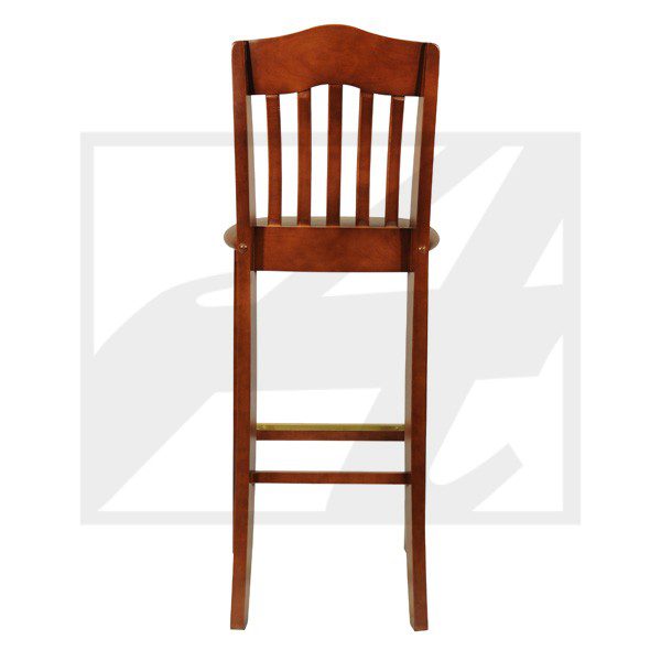 Wooden bar stool with a slatted backrest and footrest.