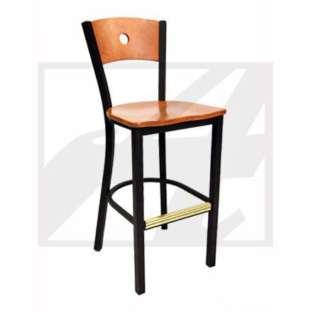 Wood and metal bar stool with backrest and footrest.