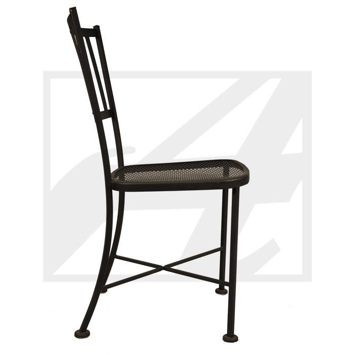 A sleek black metal chair with a cushioned seat and crossbar support.