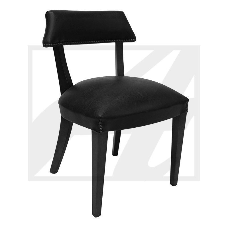 Black cushioned dining chair with wooden legs and backrest.