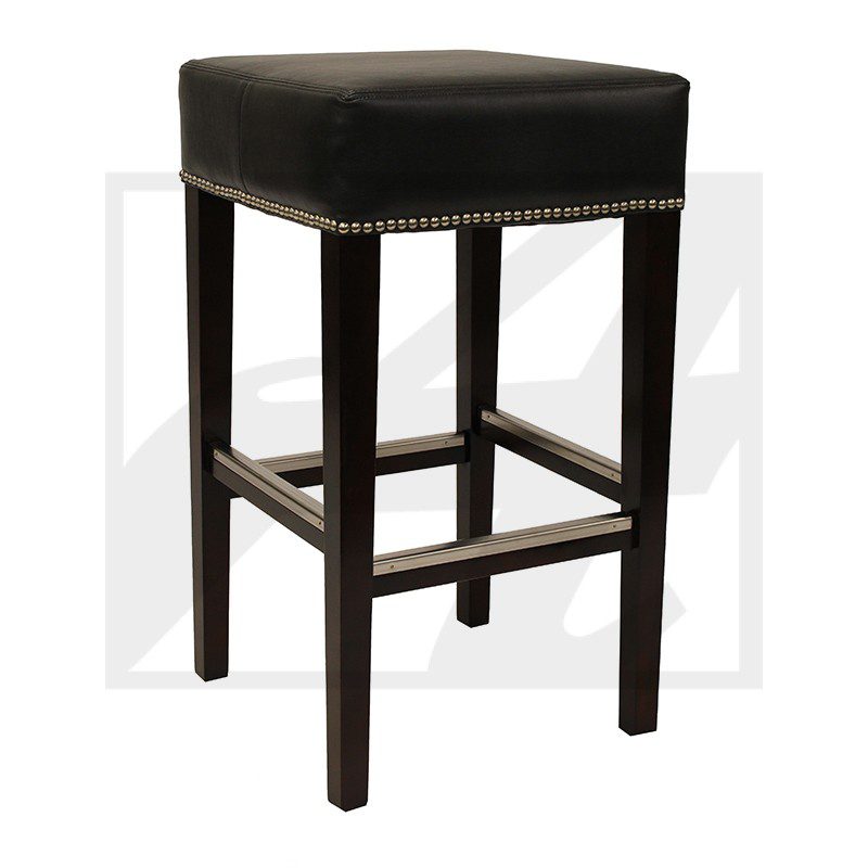 Black cushioned bar stool with dark wooden legs and nailhead trim.