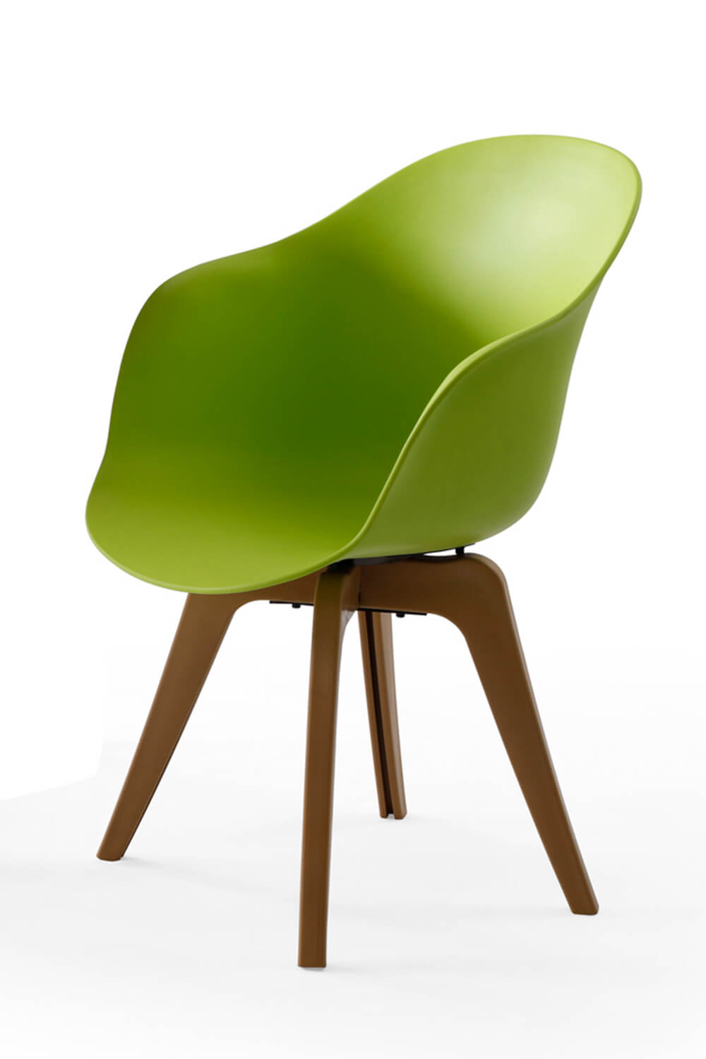 Modern green chair with wooden legs on white background.