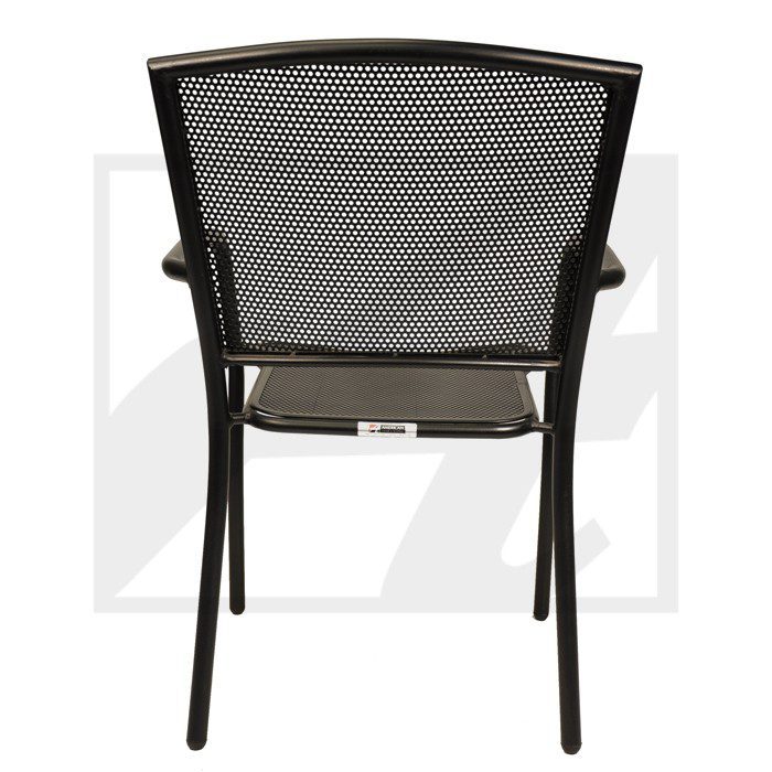 Black metal mesh chair with a sturdy frame.