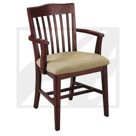 Wooden chair with armrests and beige cushioned seat.