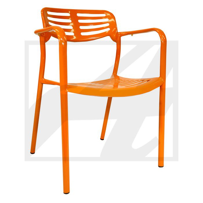 Modern orange chair with a sleek design and shadow.