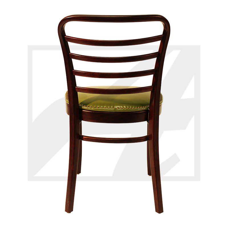 Dark wooden chair with curved backrest and green cushioned seat.