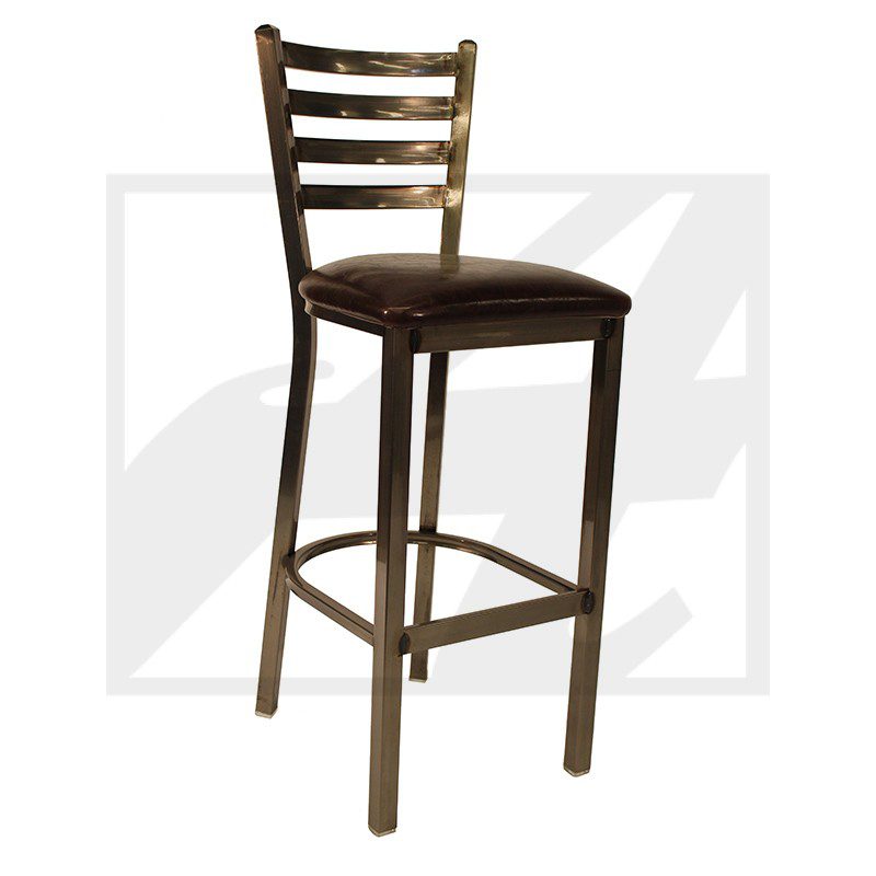 A tall wooden bar stool with a cushioned seat and ladder backrest.