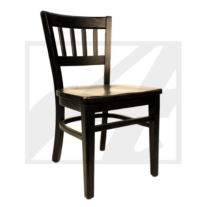 Classic wooden chair with a simple slatted back and solid seat.