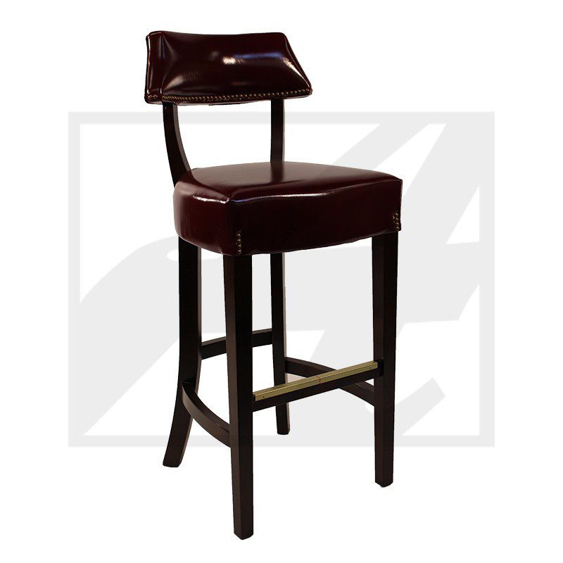 Dark wooden bar stool with a curved backrest and footrest.