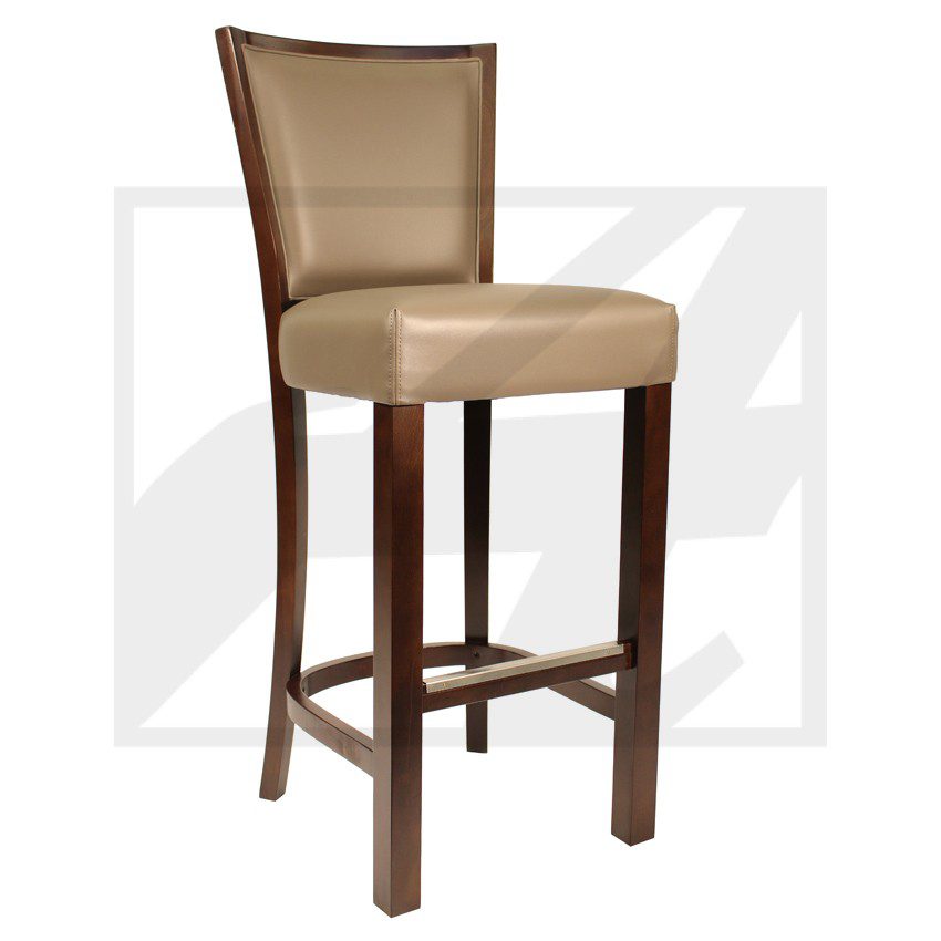 Brown upholstered bar stool with wooden legs and backrest.