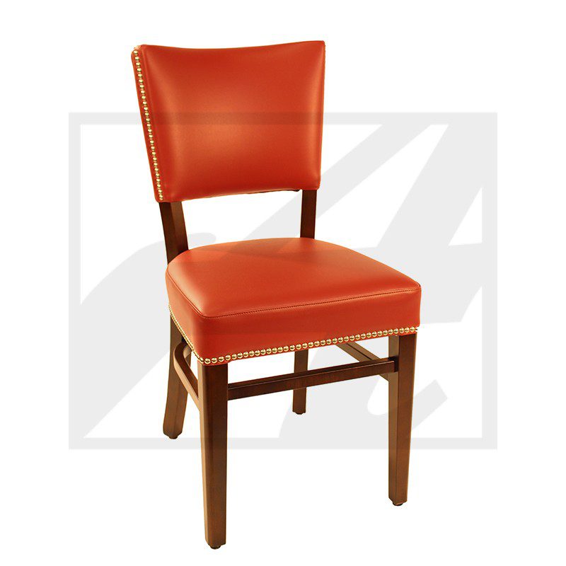 Wooden chair with orange cushioned seat and backrest.