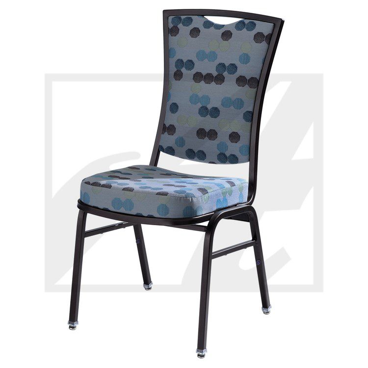 Upholstered banquet chair with patterned fabric and black metal legs.