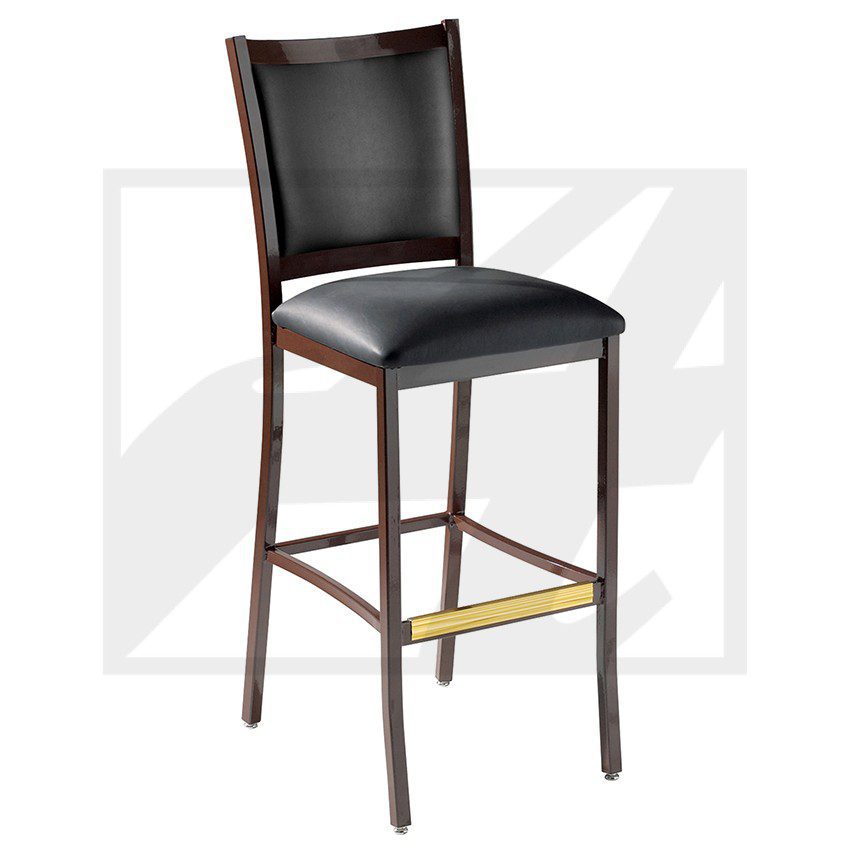 Elegant dark wood bar stool with black leather seat and backrest.