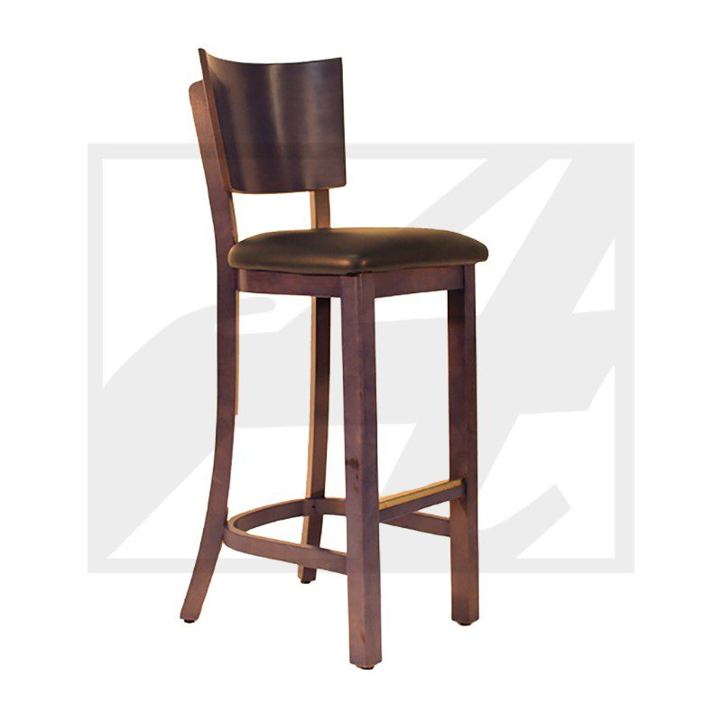 Wooden bar stool with a cushioned round seat and backrest.