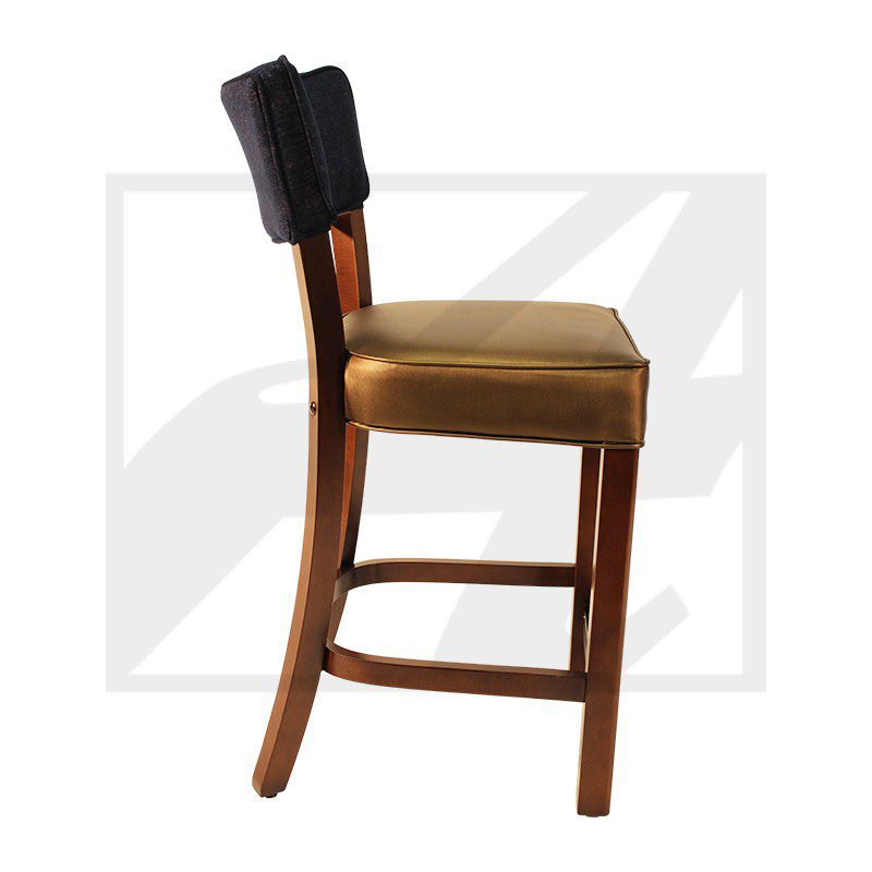 Wooden bar stool with cushioned seat and backrest.