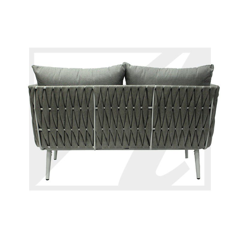 Modern two-seater sofa with woven backrest and gray cushions.