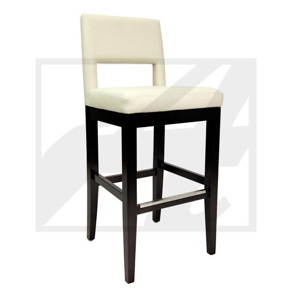 Modern beige bar stool with dark wooden legs and backrest.