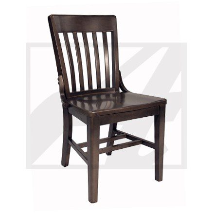 Dark wooden chair with vertical slats and sturdy legs.