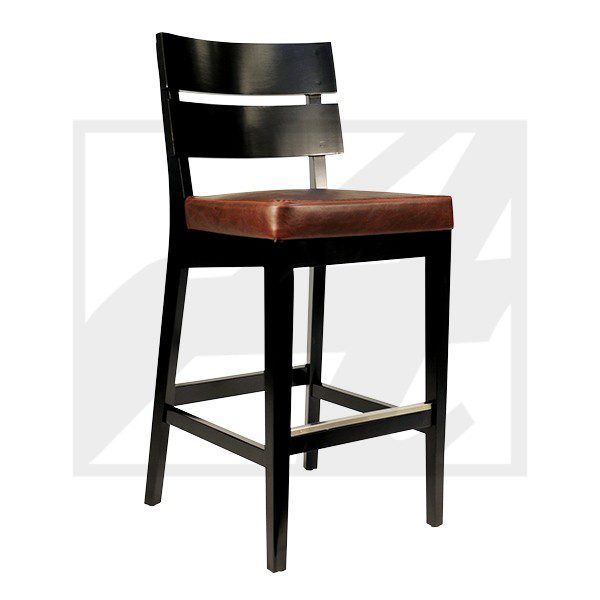 Black wooden bar stool with a brown cushioned seat and backrest.