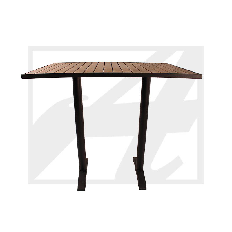Minimalist wooden table with angled black metal legs.