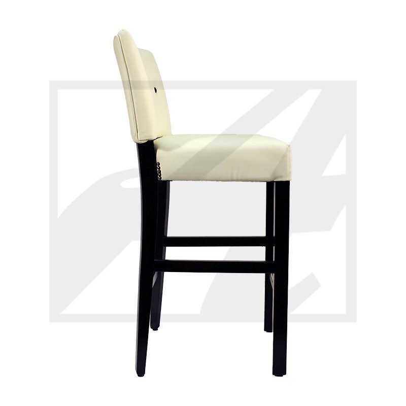 Elegant bar stool with cushioned beige seat and backrest, dark wooden legs.
