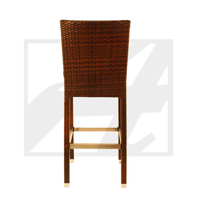 Tall wicker bar stool with wooden legs and footrest.