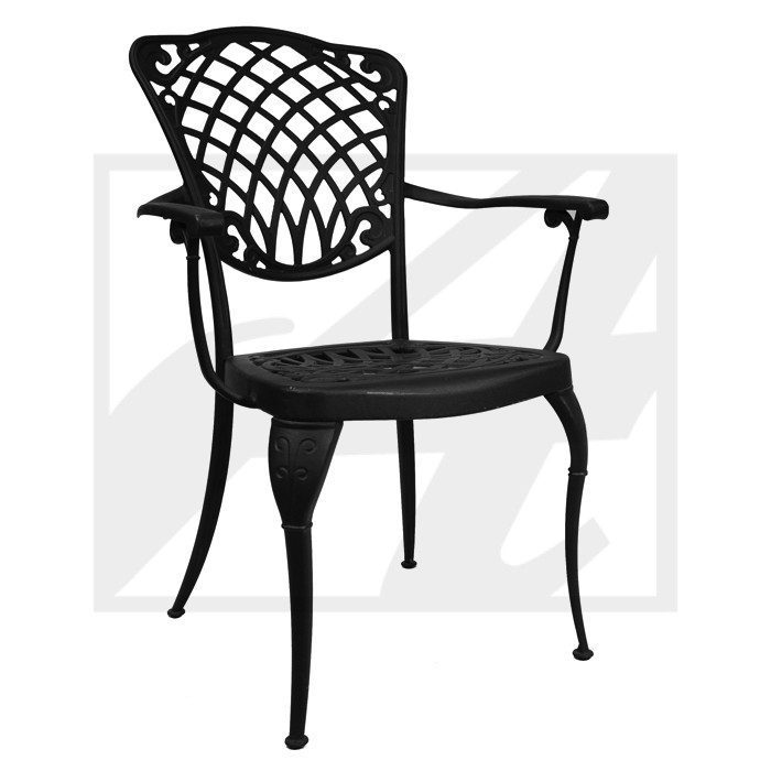 Black metal outdoor chair with ornate lattice back and armrests.