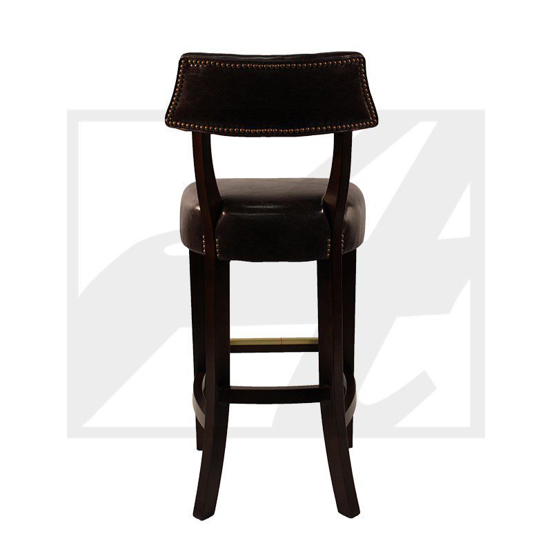 Dark wooden bar stool with a cushioned seat and backrest.