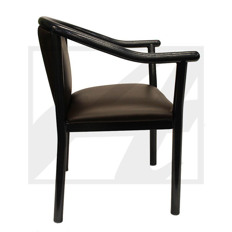 Elegant black wooden chair with dark cushioned seat and armrests.