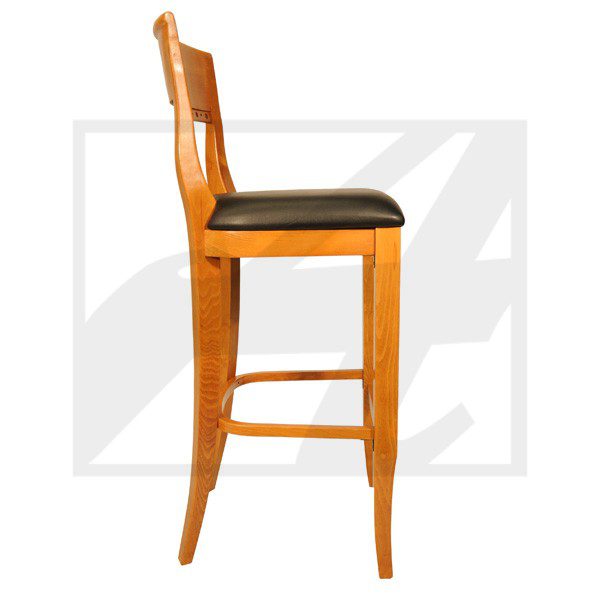 Wooden bar stool with a black cushioned seat and backrest.