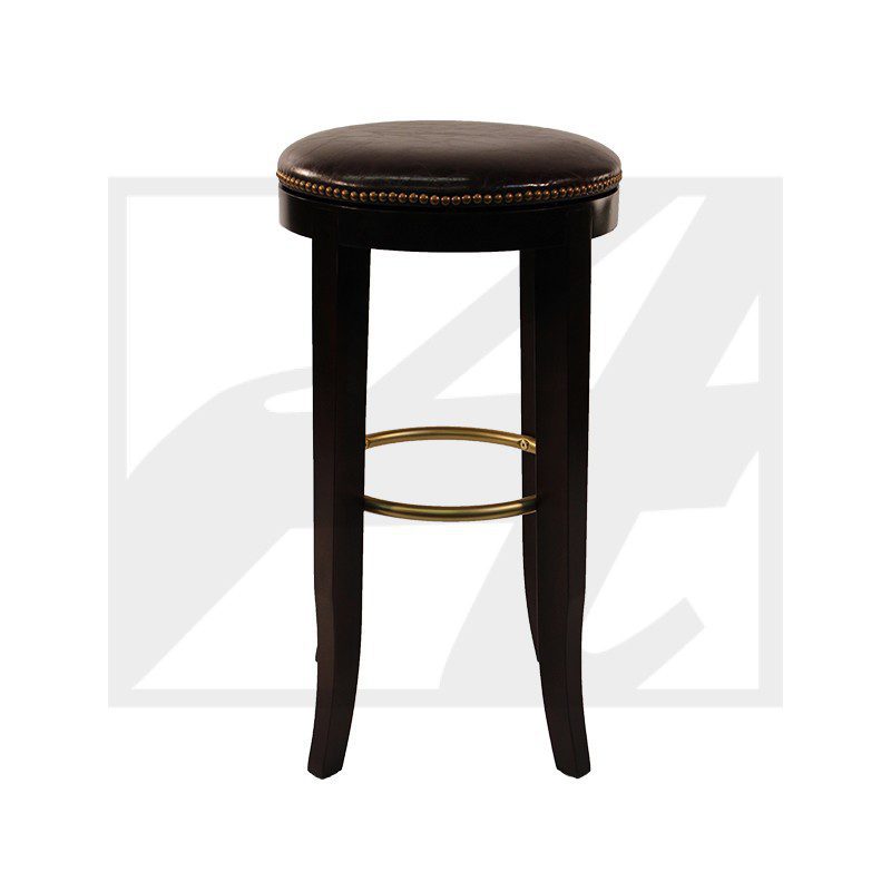 Tall wooden bar stool with a round cushioned seat and brass footrest.