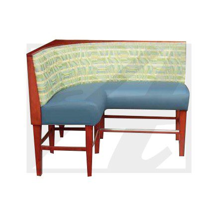Upholstered corner bench with wooden frame and patterned backrest.