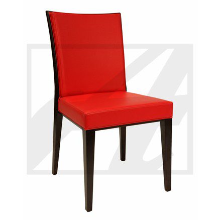 Modern red chair with black legs and clean lines.