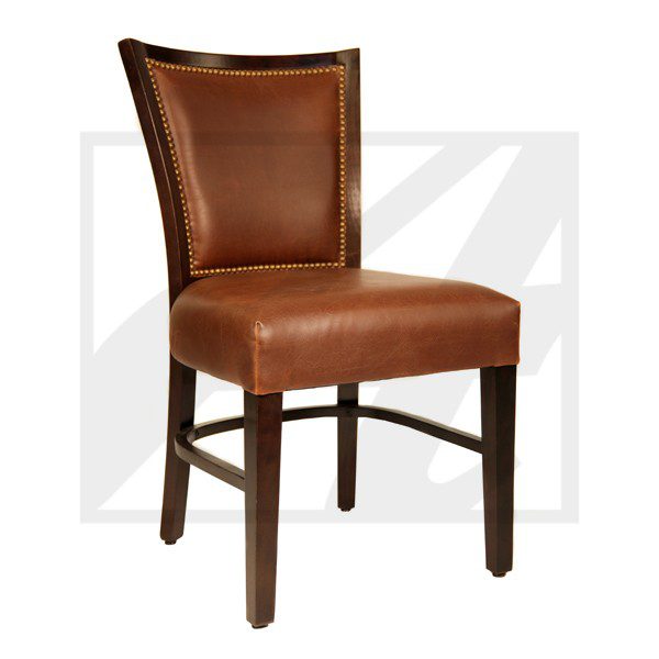 Brown leather dining chair with wooden legs and cushioned back.