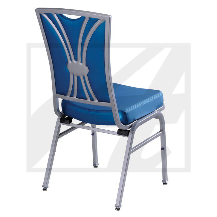 Blue cushioned chair with a metal frame and decorative backrest design.