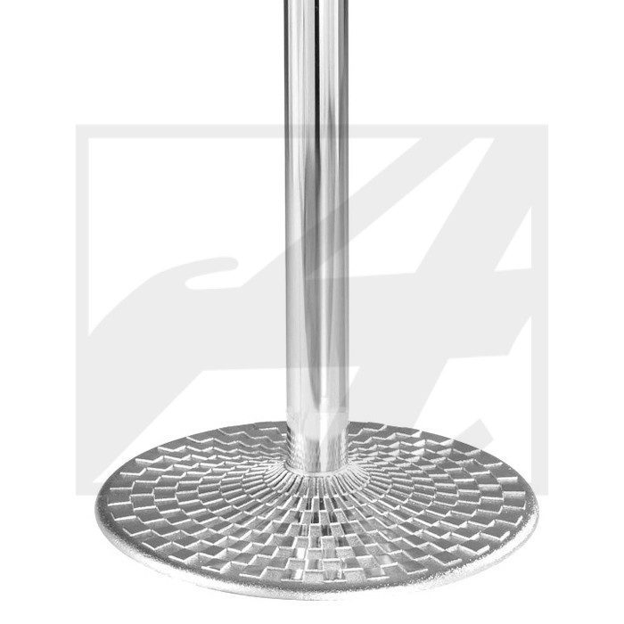 Metallic base with a vertical cylindrical pole, reflecting light.