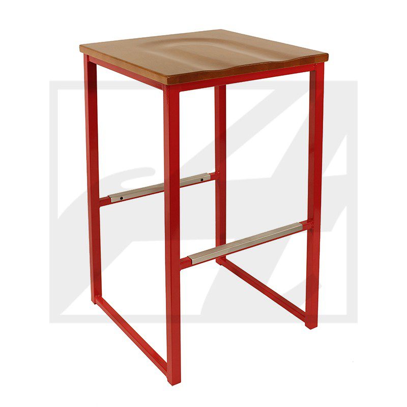 Modern stool with red metal frame and wooden seat.