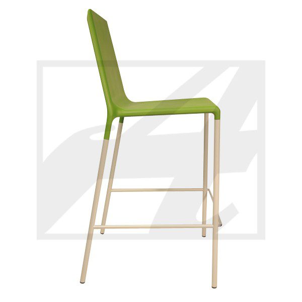 Modern green bar stool with white legs and footrest.