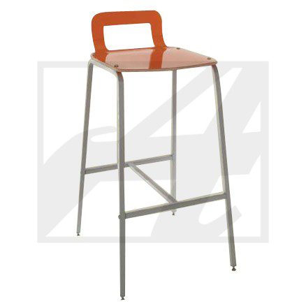 Modern bar stool with an orange handle and metal legs.