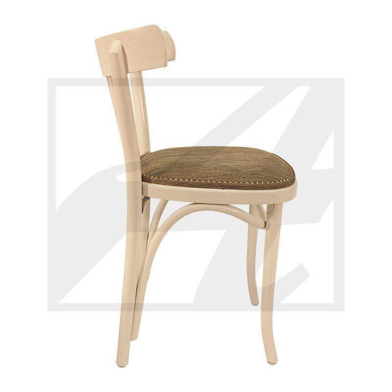 Wooden chair with cushioned seat and curved backrest.