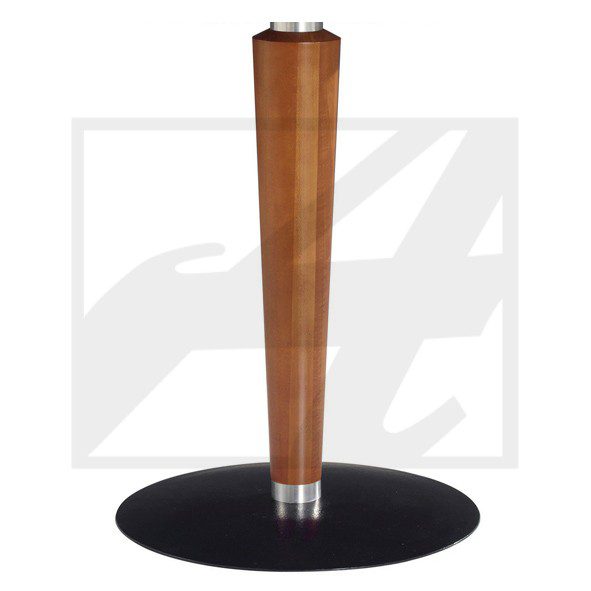 Wooden table leg with metal base support.