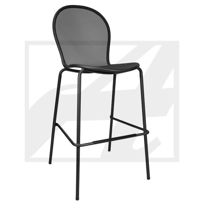 Modern black mesh bar stool with metal legs and footrest.