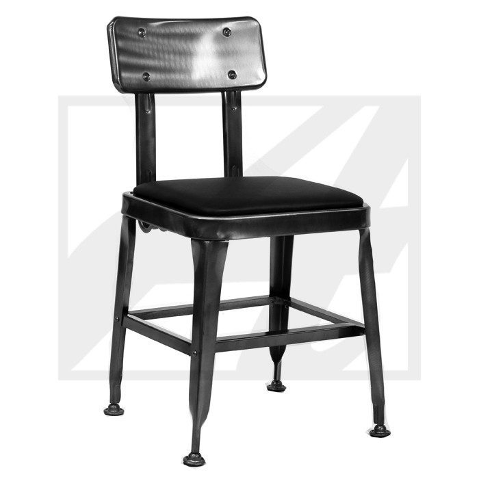 Vintage metal and wood chair with cushioned seat.
