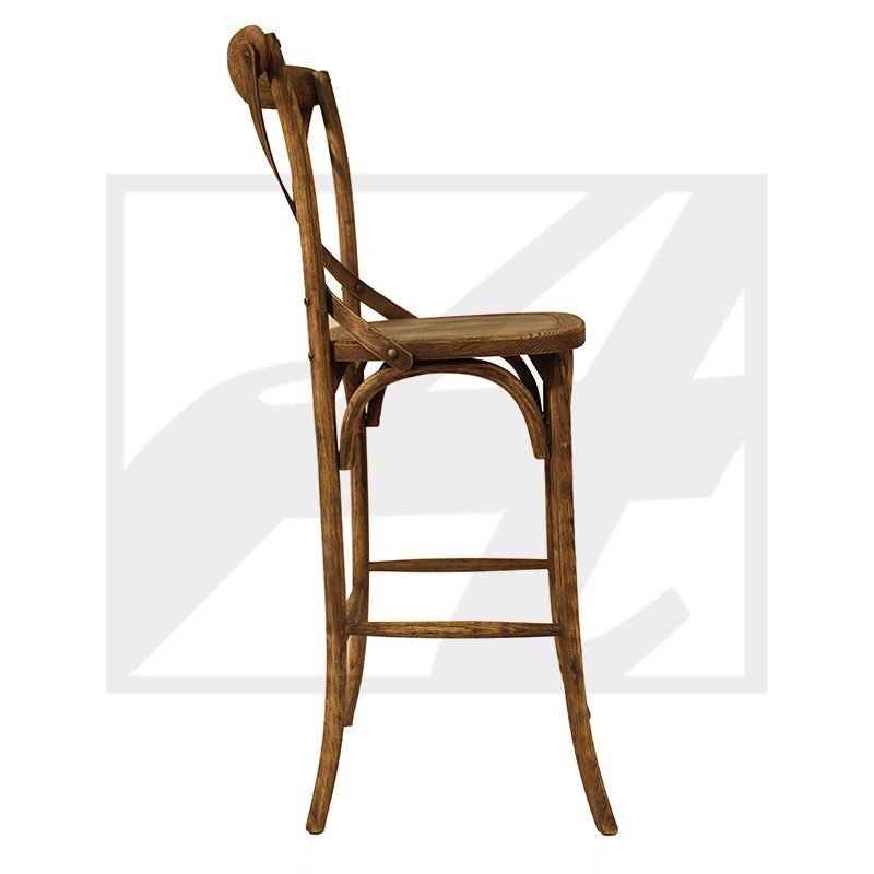 Side view of a wooden chair with curved legs and backrest.