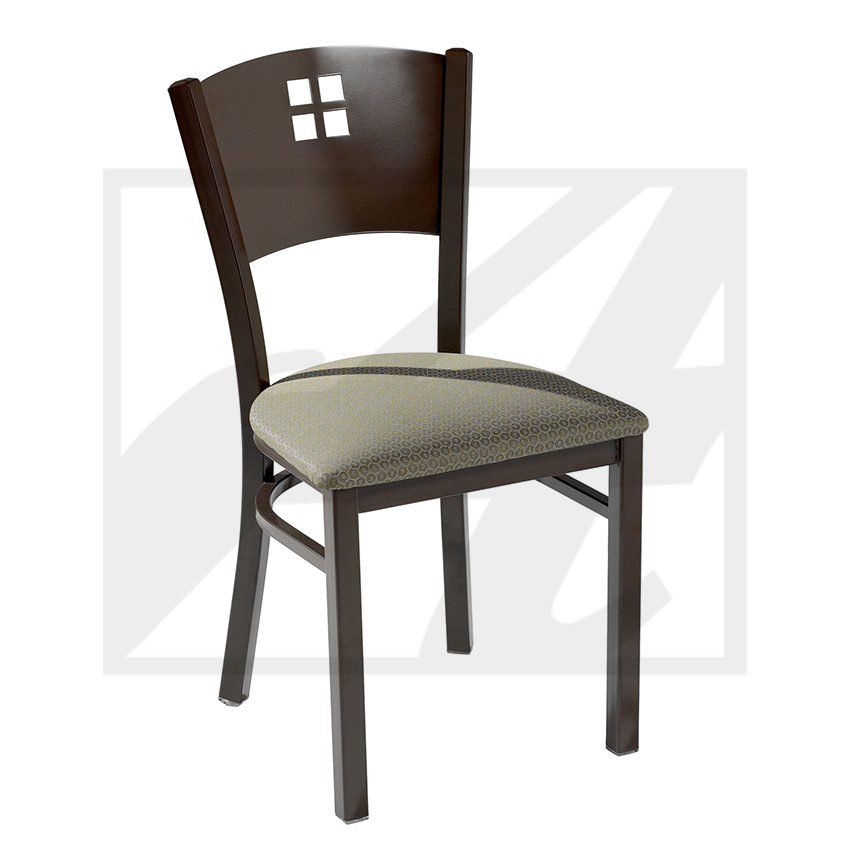 Dark wooden chair with cushioned seat and decorative backrest.