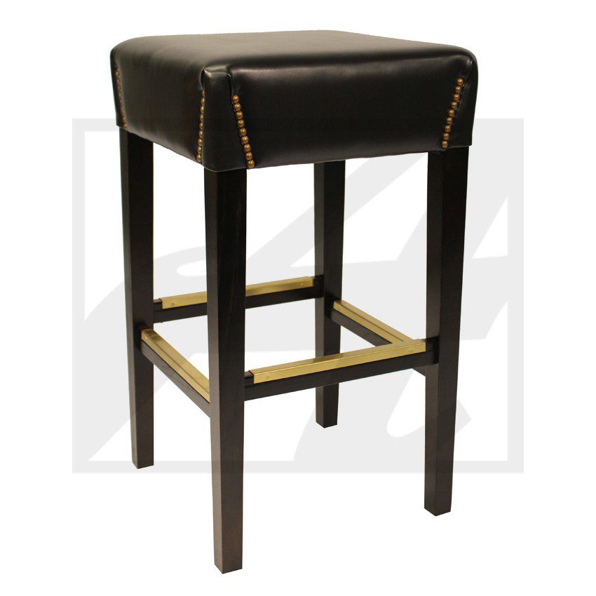A dark wooden bar stool with a cushioned leather seat and gold footrest.