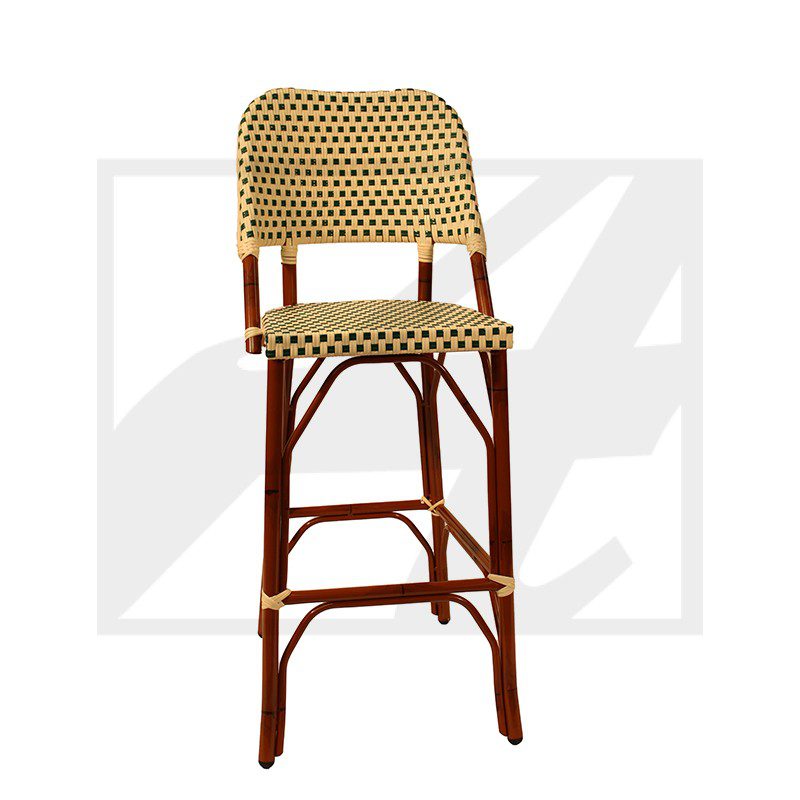 Tall wicker bar stool with a woven seat and backrest in beige and brown.