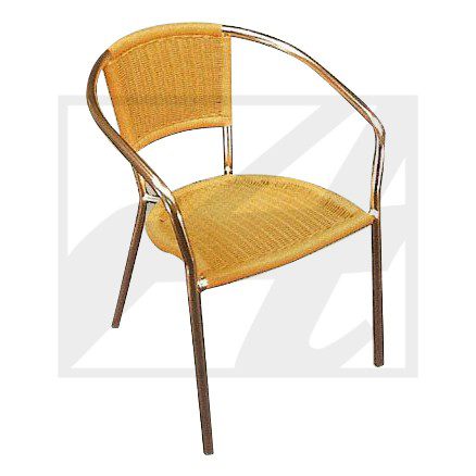 Modern outdoor chair with yellow wicker seat and metal frame.