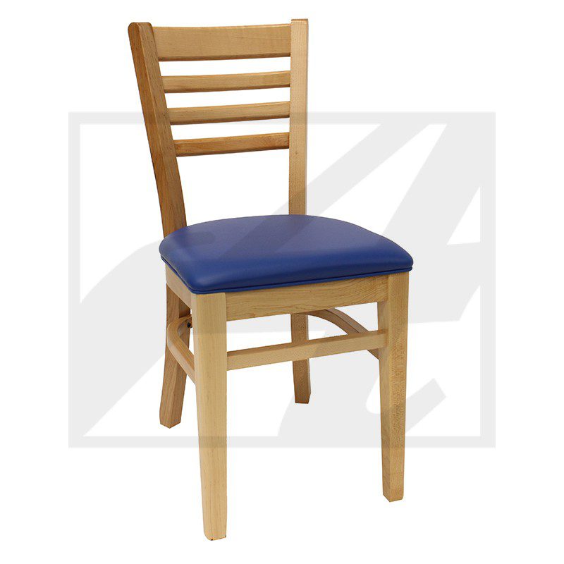 Wooden chair with blue cushioned seat and ladder back design.
