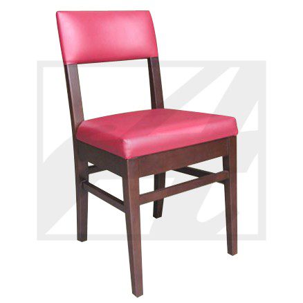 Wooden chair with red cushioned seat and backrest.